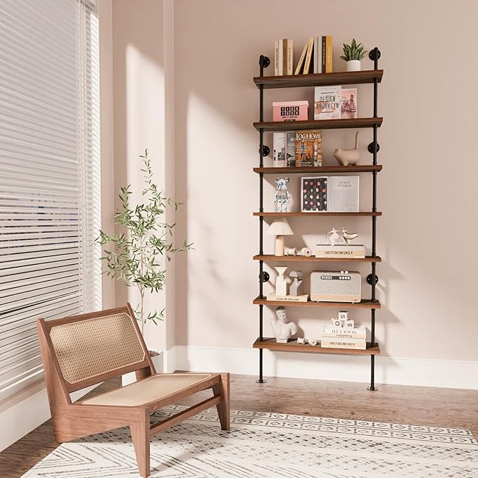 7 Tier Industrial Ladder Shelf Bookcase, Wall Mounted Rustic Bookshelf - Image 5