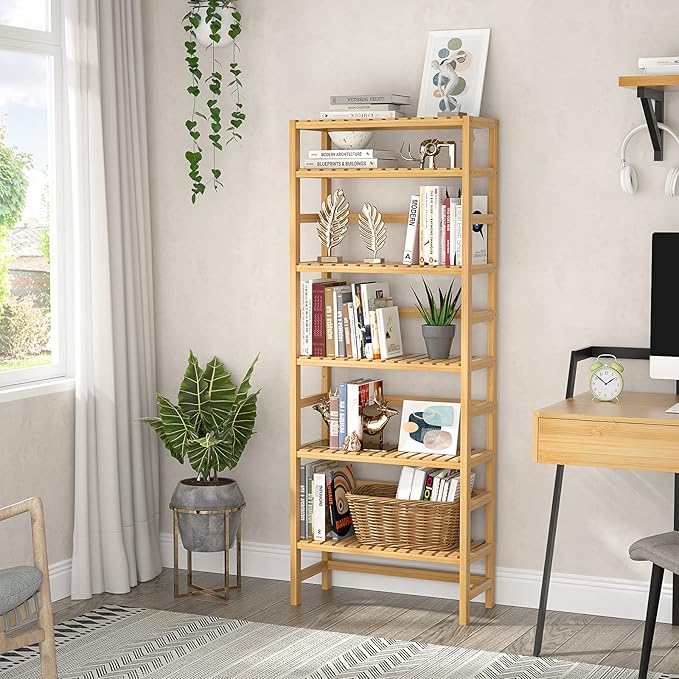 Homykic 6-Tier Bamboo Bookshelves and Bookcases, Adjustable 63.4”Tall Shallow - Image 4