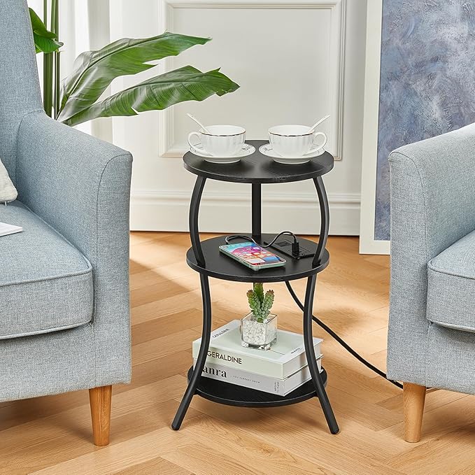 Small Round Side Table with Charging Station, 3-Tier Waist Circular End Table - Image 5