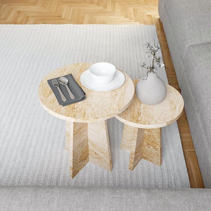Travertine Efect Round Nesting Coffee Table Set of 2 Modern Coffee Table Small - Image 9