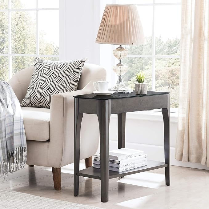 Leick Home Obsidian End Table, Solid Wood, Narrow Wedge Shape, Glass Tabletop - Image 2