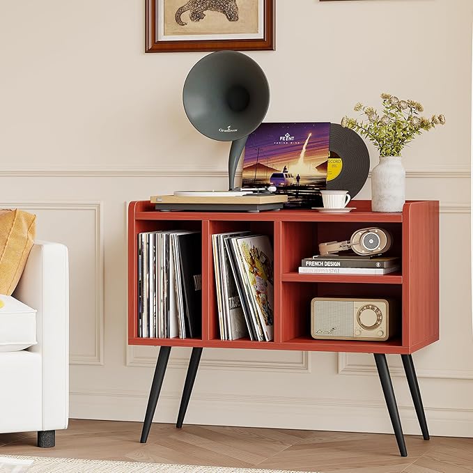 Record Player Stand with Vinyl Storage, Turntable Stand with Solid Wood Legs - Image 4