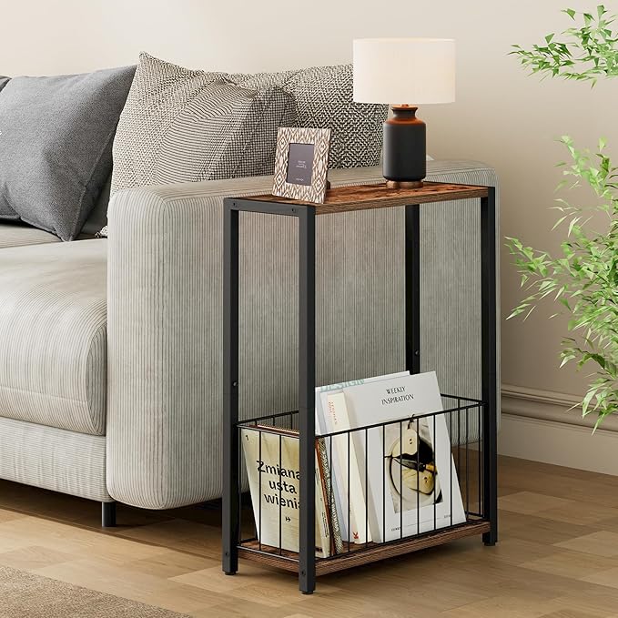 Narrow Side Table with Magazine Holder, Skinny End Table Perfect - Image 2