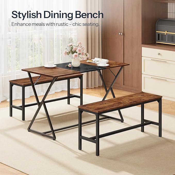 HOOBRO Dining Benches, Pair of 2 Industrial Kitchen Table Benches, Wooden - Image 4