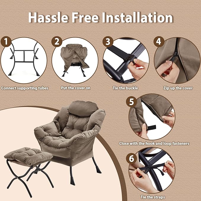 Lazy Chair with Folding Ottoman, Accent Chair Velvet Upholstered with Metal - Image 7