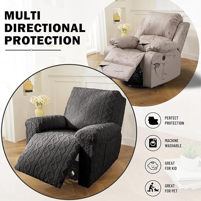 vctops 4 Pieces Geometric Jacquard Plush Recliner Slipcovers Soft Fuzzy Fluffy - Image 5