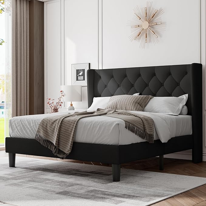 Feonase Queen Bed Frame with Upholstered Wingback Headboard, Platform Bed and by FEONASE