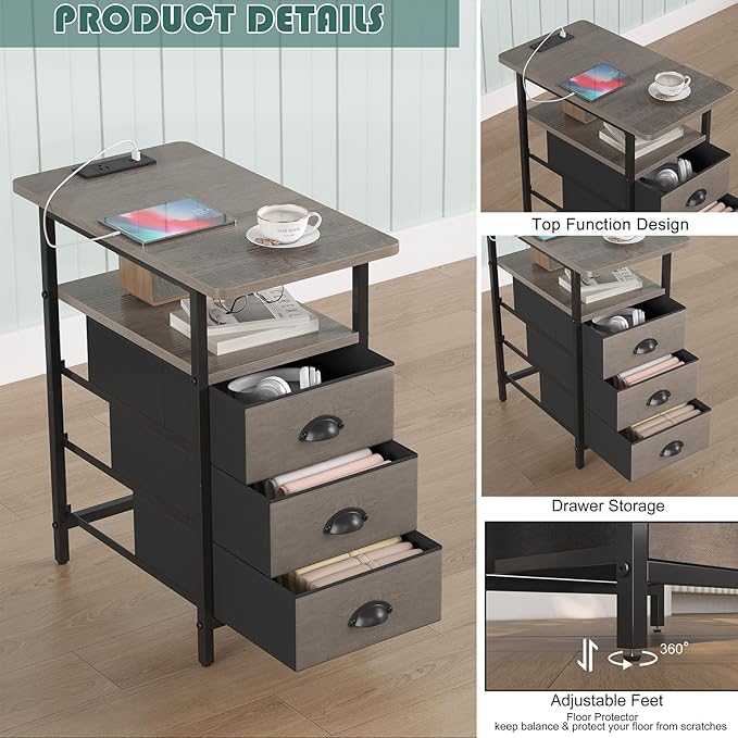 End Table with Charging Station, Side Tables Livingroom with USB Ports and - Image 5
