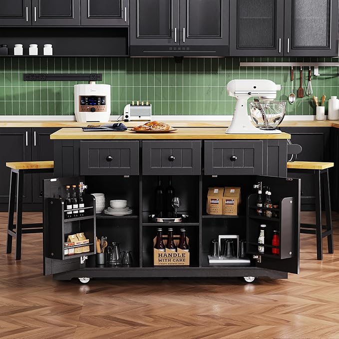 53" Large Kitchen Island with 2 Bar Stools, Power Outlet & Door Internal - Image 10