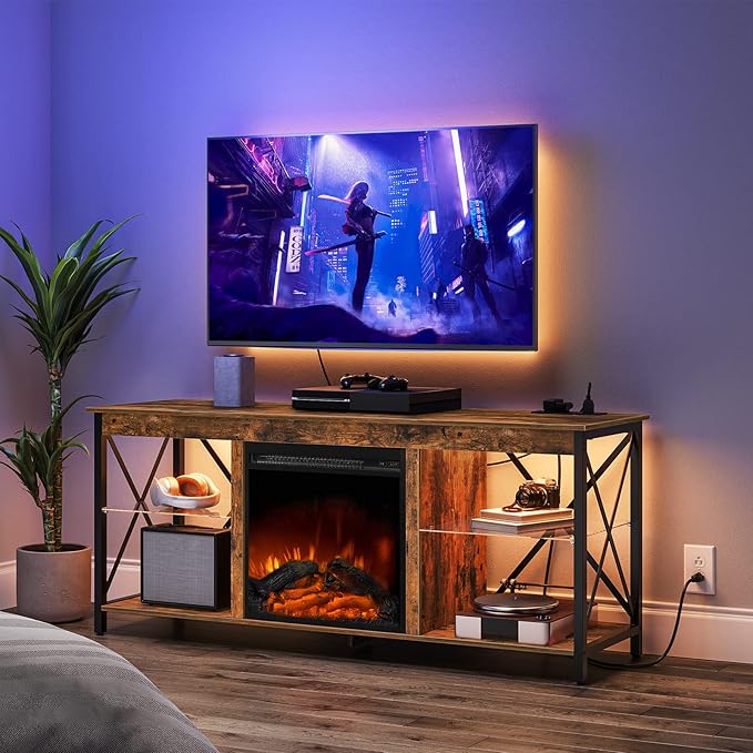 HOOBRO Fireplace TV Stand with Charging Station and LED Lights, TV Stand with by HOOBRO