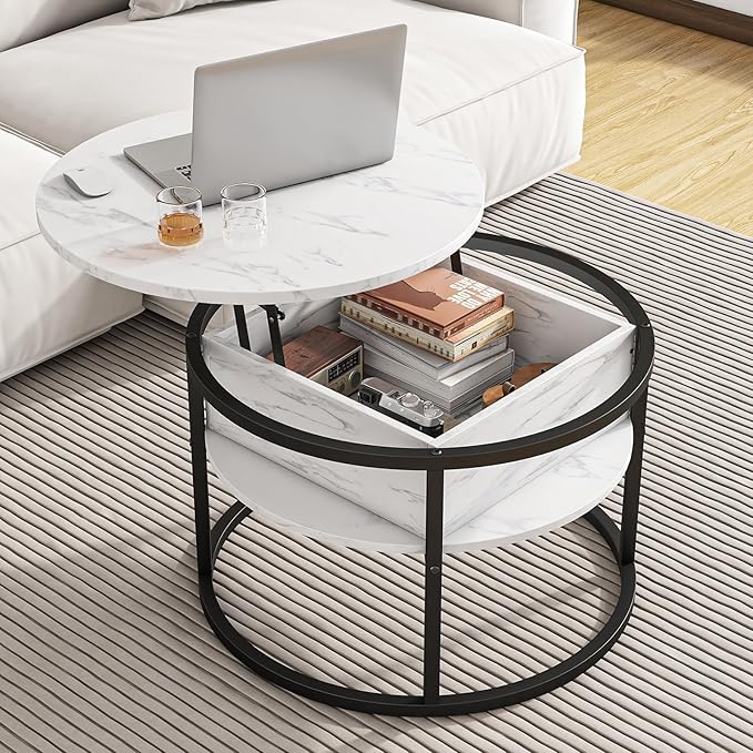 Round Coffee Table with Storage, Lift Top Coffee Table with Hidden Compartment by HOJINLINERO
