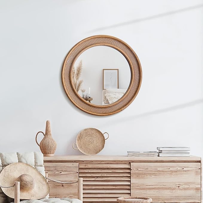 Micasso Round Rattan Wall Mirror: 30" Purely Handmade Wooden Frame Wicker Mirror - Image 5