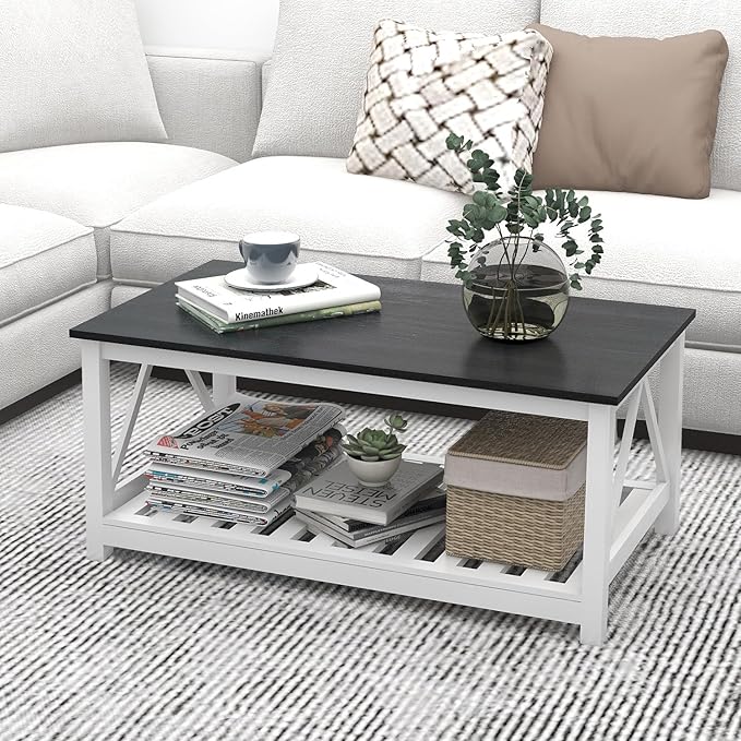 Farmhouse Coffee Table, 2-Tier Rectangular Wooden Centre Cocktail Table - Image 7