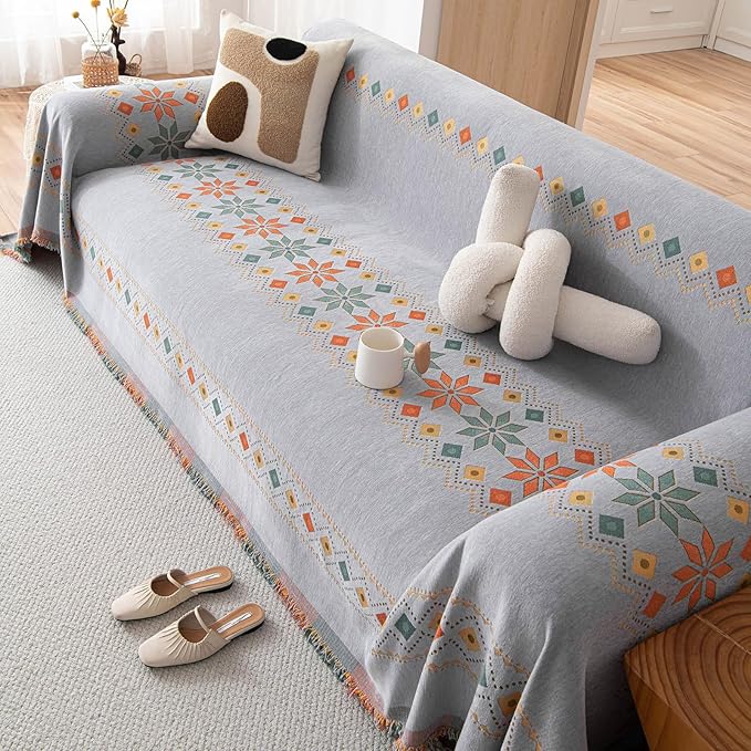 STACYPIK Boho Gray Jacquard Couch Cover, Sofa Cover - Image 3