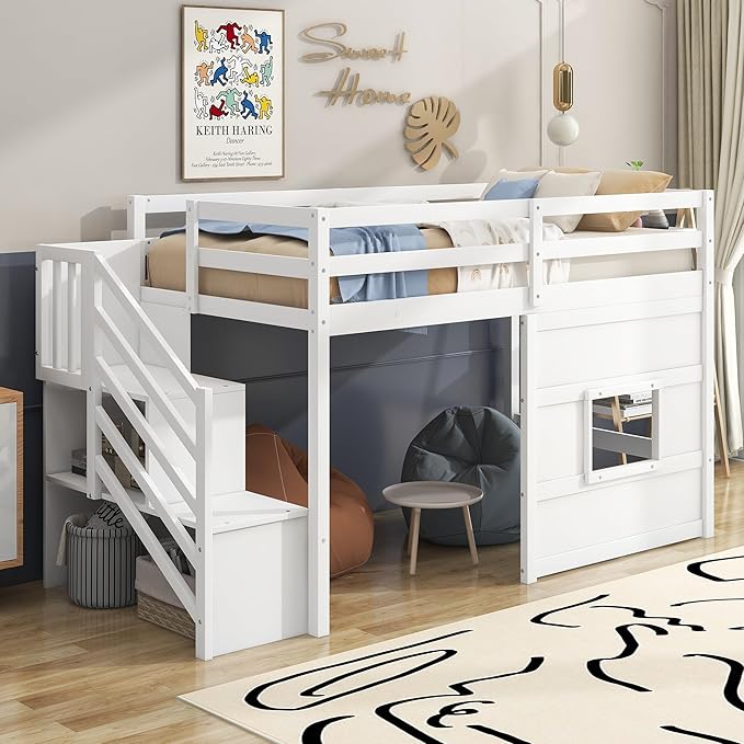 Twin Size Loft Bed with Storage Staircase and Window, Wood Twin Loft Bunk by Favfurish