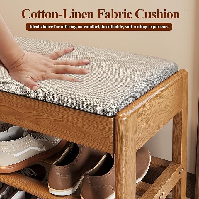 Shoe Rack Bench with Cotton-Linen Cushion 2-Tier Wooden Storage Bench 550lbs - Image 8
