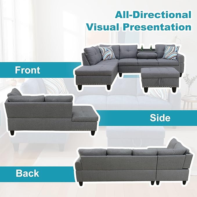 L Shaped Couch Modern Sectional Couch Upholstered Linen Fabric 3 Pieces Sofas - Image 6