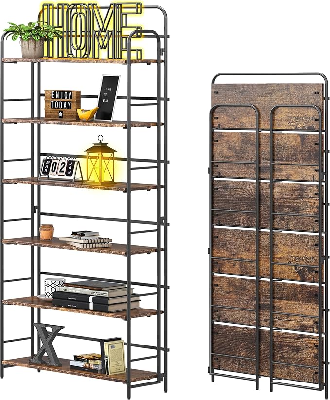 4NM No Assembly Folding Bookshelf 6 Tiers Vintage Industrial Black Book Shelf by 4NM