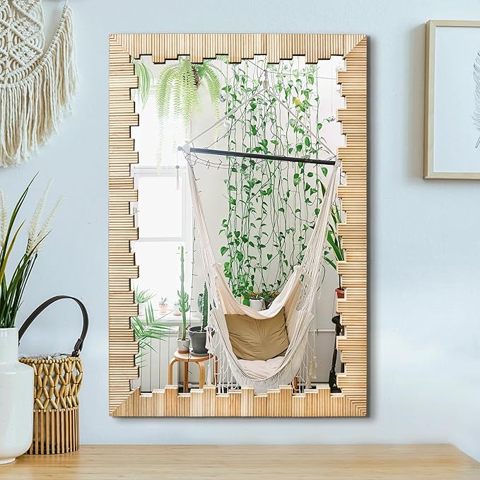 Boho Wall Mirror with Wood Frame, Living Room by AMOISE