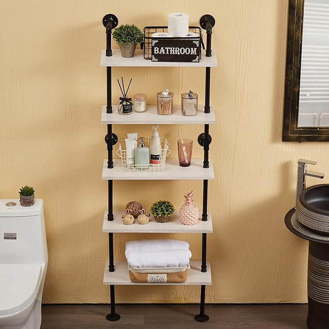 Pipe Shelves, 5 Tier Industrial Ladder Bookcase, Wall Mounted Metal Wood Rustic - Image 7