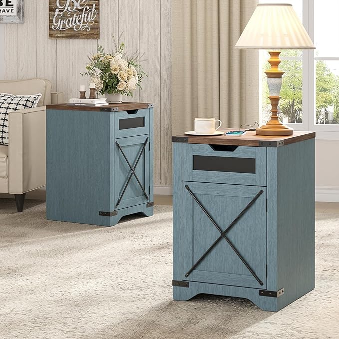 Farmhouse End Table with Charging Station, 26.4" Tall Rustic Nightstand with - Image 8