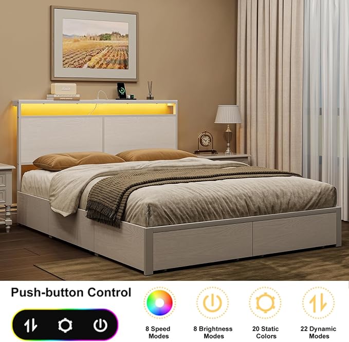 Full Bed Frame with 4 Storage Drawers Bed Frame Full Size with Headboard LED - Image 4