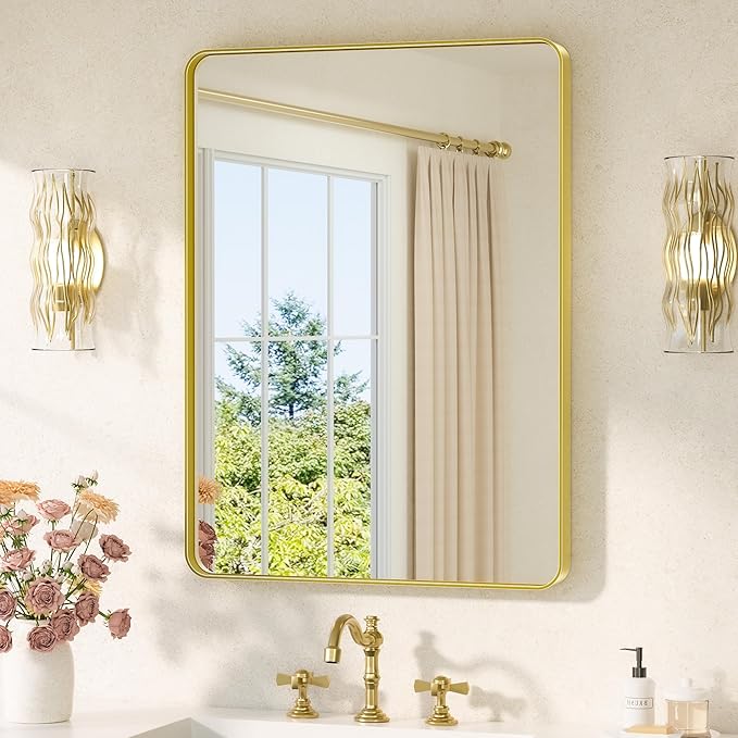 TETOTE Brushed Gold Bathroom Mirror 24 x 32 Gold Metal Framed Bathroom Mirror by TETOTE
