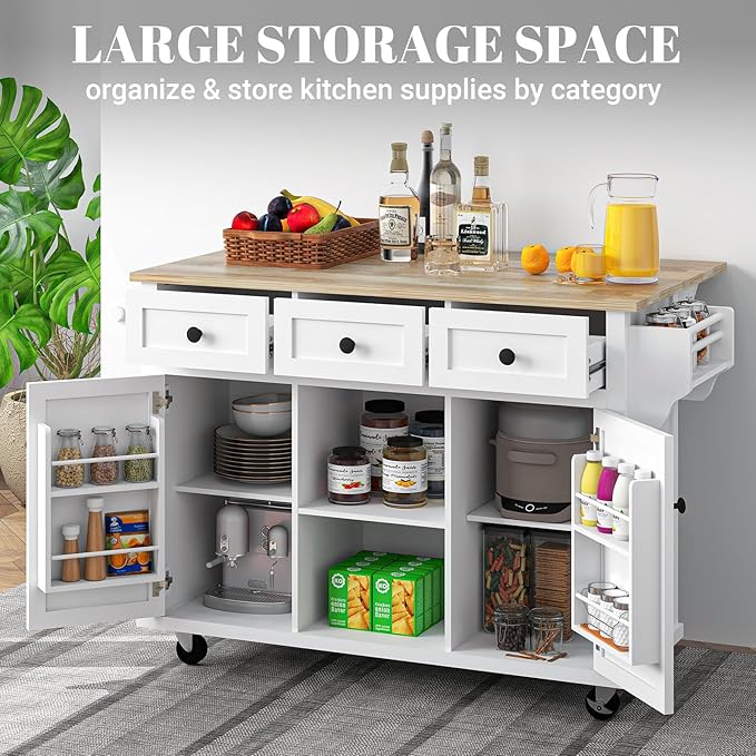 Rovibek Kitchen Island with Drawers 53 in Rolling Island Cart Mobile Solid Wood - Image 3
