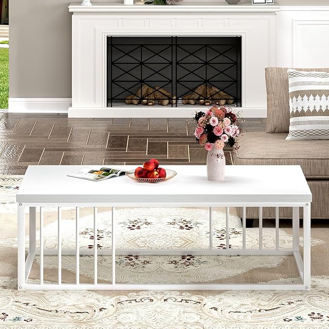 FOLUBAN White Coffee Table, Modern Rustic Wood and Metal Center Table, - Image 7