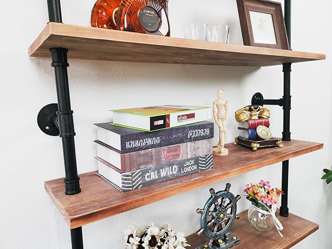 5 Tier Industrial Ladder Shelf Bookcase, Wall Mounted Wood Metal Pipe Rustic - Image 6