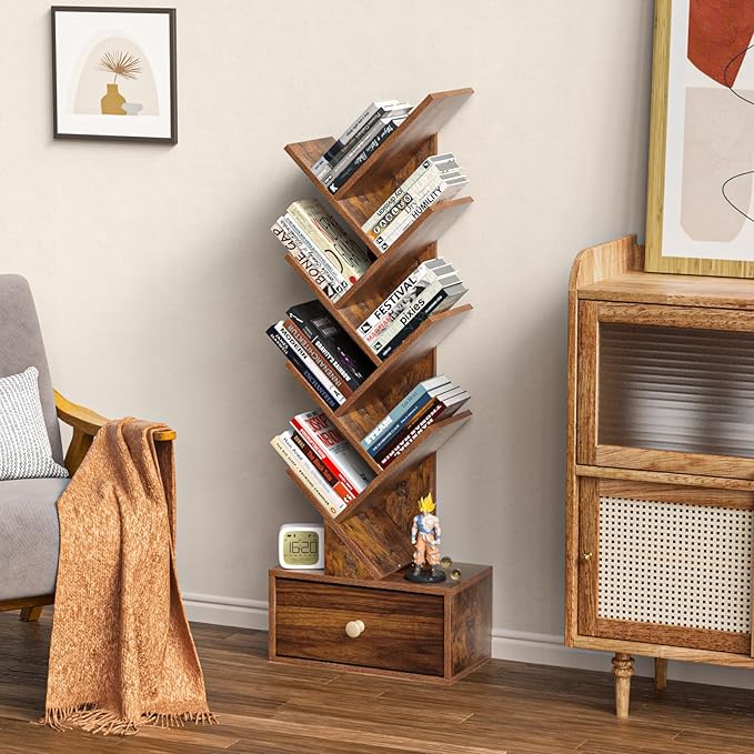 8 Tier Tree Bookshelf with Drawer, Free Standing Wood Bookcase - Image 4