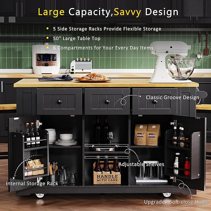 53" Large Kitchen Island with 2 Bar Stools, Power Outlet & Door Internal - Image 3