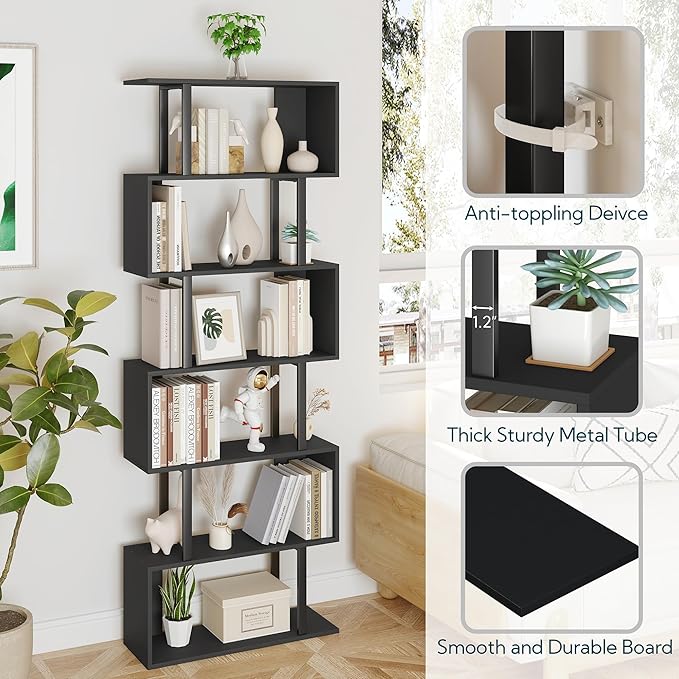 Yusong S Shaped Bookshelf, Modern Geometric Bookcase, 6-Tier Black Display Case - Image 5