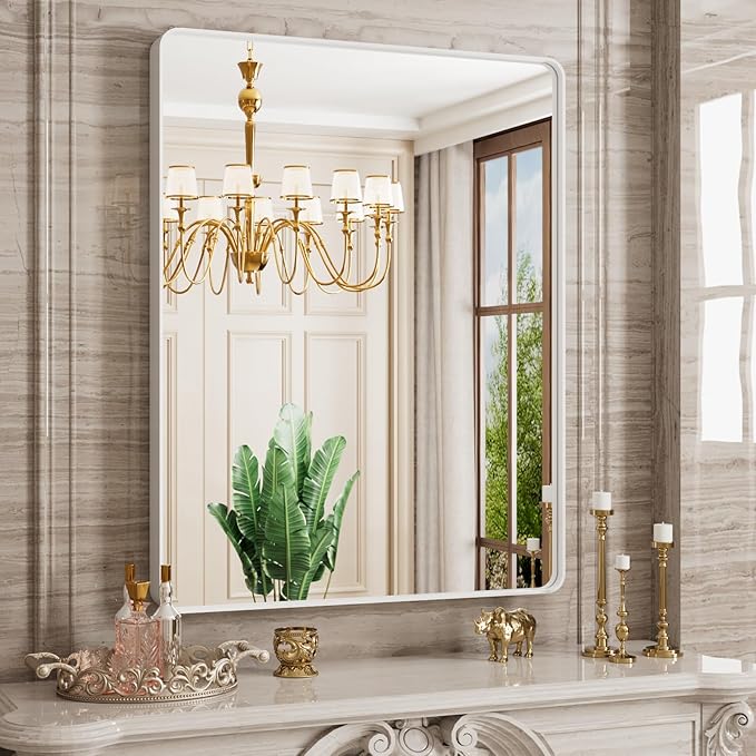 White Bathroom Mirror 28x36 Inch, Rounded Rectangle Matte Bathroom Vanity Mirror - Image 2