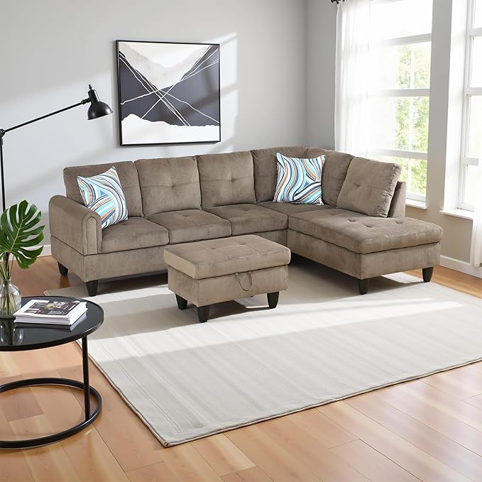 Couches for Living Room Modern L Shaped Couch Comfy Velvet Fabric 3 Pieces by LynginsCreativeLife