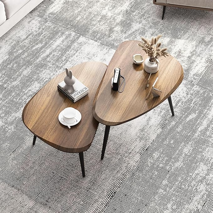Midcentury Nesting Coffee Table Set of 2, Mid Century Modern Walnut Wood Oval - Image 7