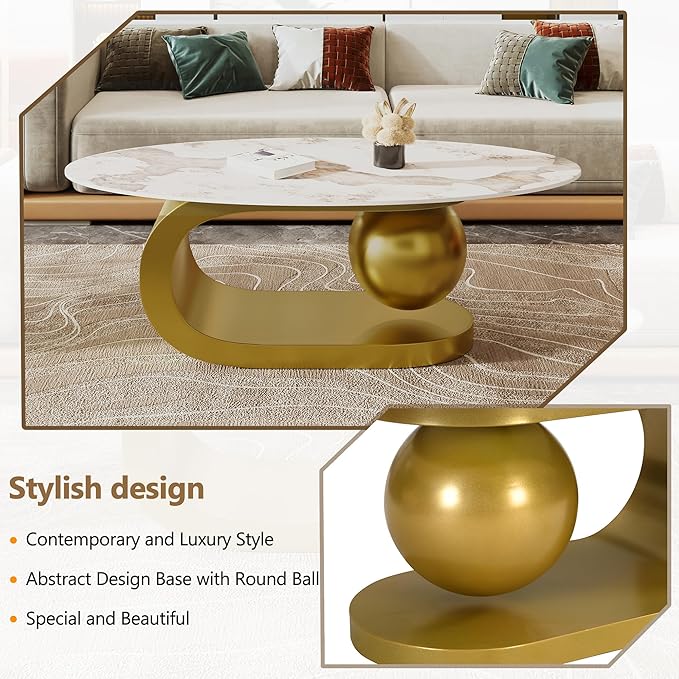 Merax 47.2" Modern Oval Coffee Table, Marble Pattern Sintered Stone Coffee - Image 4