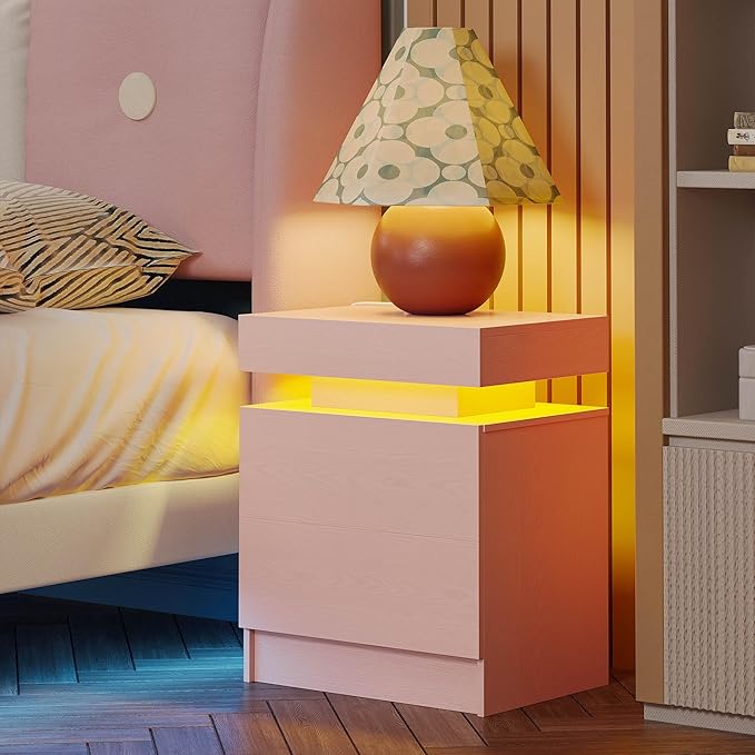 LIKIMIO Night Stand with Charging Station, Modern Pink Nightstand with LED - Image 3