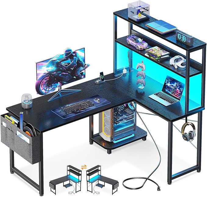 Casaottima Gaming Desk with Power Outlets & LED Lights, 43 Inch Reversible L by Casaottima