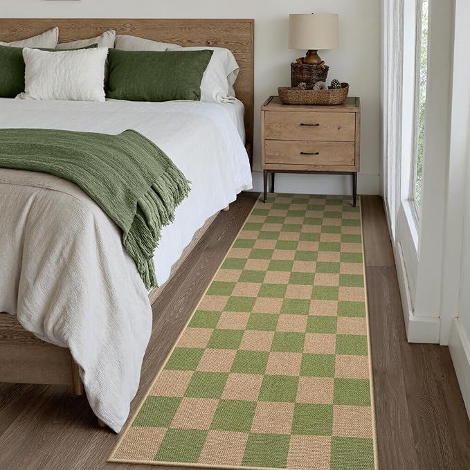 Lahome Checkered Entryway Runner Rug, 2x8 Green Washable Rug Runners - Image 7