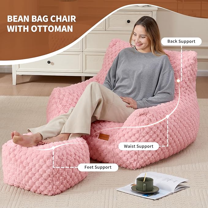 Bedroom Bean Bags Chair with Foot Stool, Comfy Reading Chair with Filler - Image 3