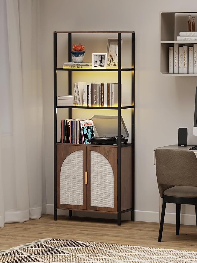 5 Tier Rattan Bookcase with Light 71" Tall Boho Bookshelf with Doors Large by Qriocioa