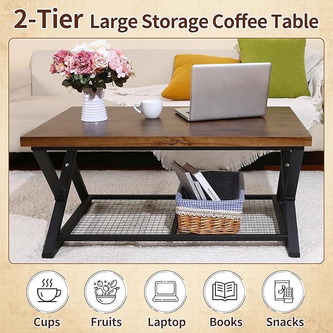 EASYSOUL Coffee Table with Storage Shelf, Solid Wood Top with Black Metal - Image 6