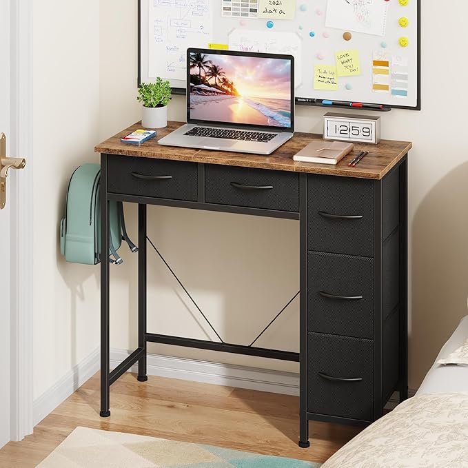 Small Desk with 5 Fabric Drawers, 33 Inch Computer Desk by HIGDBFE