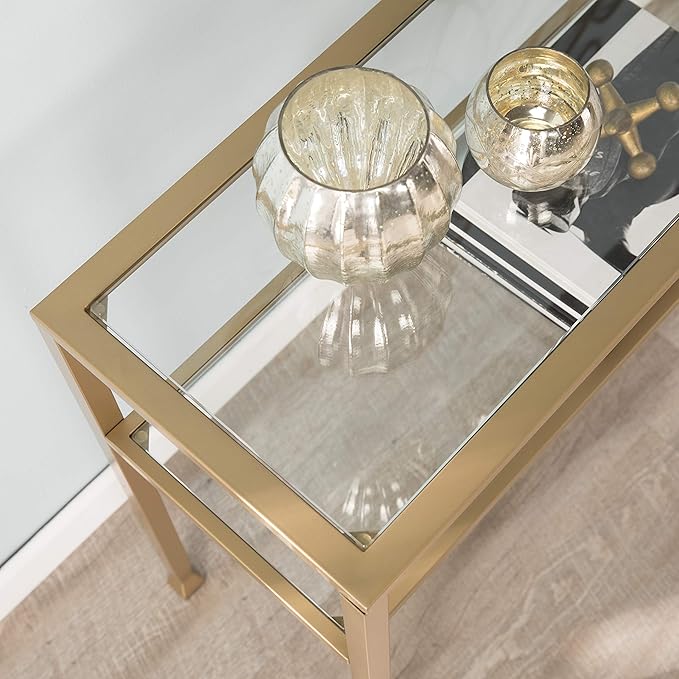 SEI Furniture Jaymes Metal & Glass 2-Tier Console Table, Soft Gold - Image 8