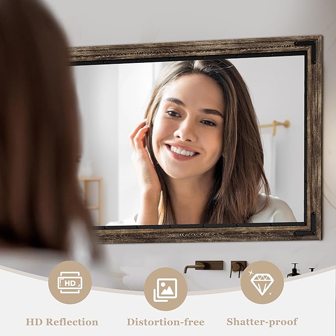 YOSHOOT Farmhouse Bathroom Mirror, Rustic Wood Mirror, Wooden Framed Vanity - Image 4