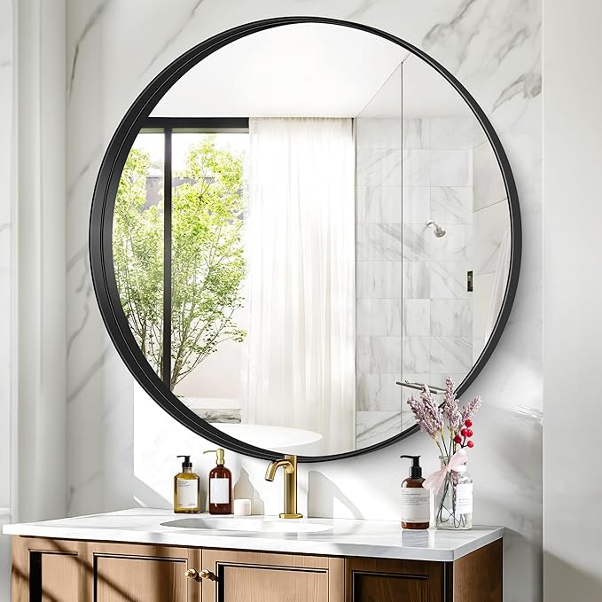 Black Round Mirror 42 inch Deep Frame Circle Mirror, Metal Frame Round Bathroom - Image 5
