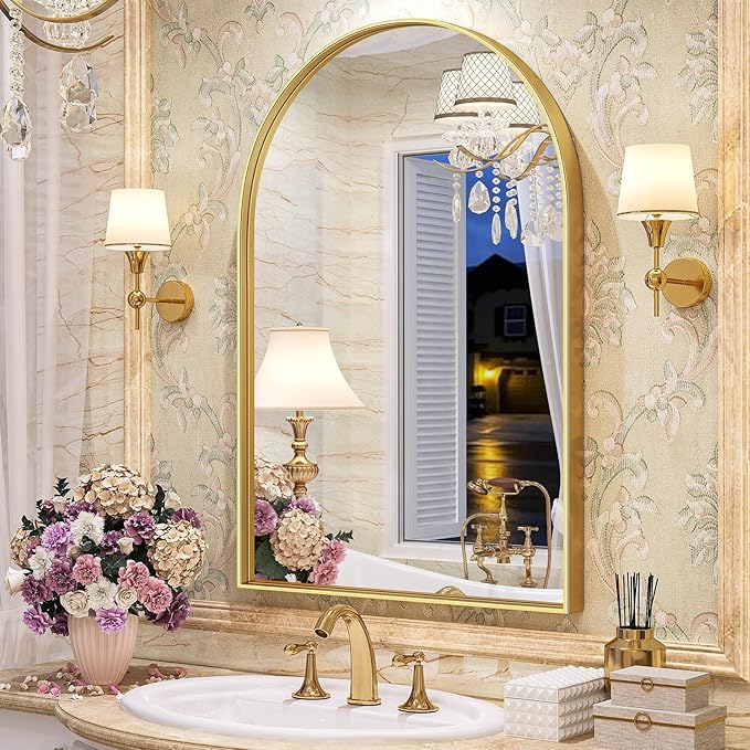 Brightify Gold Arched Mirror, 24 x 32 Inch Arch Wall Mirror, Brass Metal Frame by Brightify