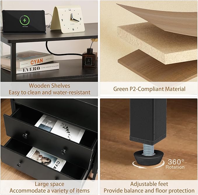 27 inch Wide Nightstand with Charging Station, Bedside Table with Open Shelf - Image 6