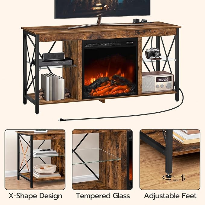 HOOBRO Fireplace TV Stand with Charging Station and LED Lights, TV Stand with - Image 9